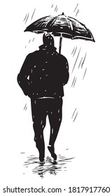 Vector drawing abstract silhouette townsman walking under umbrella in rain