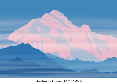 Vector drawing of Aconcagua, South America. Traveling in the mountains, climbing. Dawn landscape, peak in the sunrise.