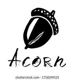 Vector drawing of an acorn. Black-white silhouette of an oak seed. Acorn logo on an eco theme.