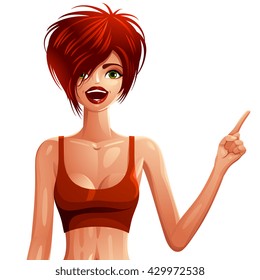 Vector drawing of an active lady with fashionable female short haircut pointing at something to side with her finger. Vector illustration of a red-haired woman. Sport and fitness.