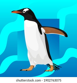 vector drawing of an adult standing penguin on a blue abstract wavy background
