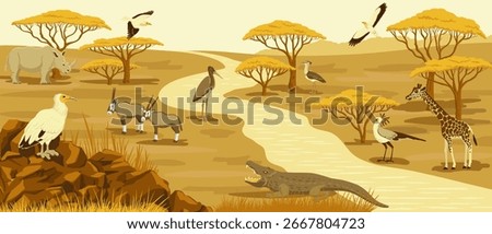 vector drawing African landscape with animals and birds, savanna valley with river, rocks and trees, hand drawn illustration