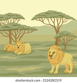 Vector que dibuja el paisaje africano con leones y árboles en el fondo blanco, ilustración dibujada a mano