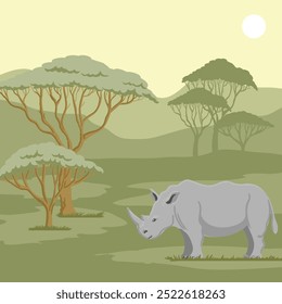 vector drawing African landscape with rhino, rhinoceros and trees at white background, hand drawn illustration