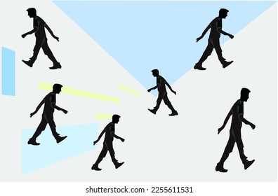 Vector drawing. Against the background of blue tones, the dark figure of a walking man.