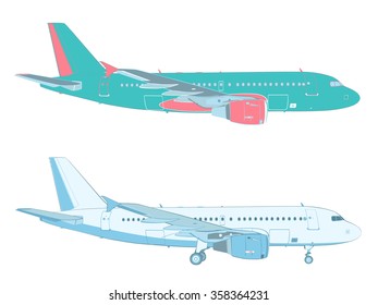 vector drawing of an airliner on white background with and without the landing gear (profile - side  view)