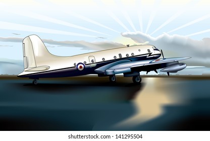 Vector drawing of a airplain on the runway/Airplane on the runway/ Easy to edit vector file, easy to edit groups and layers, meshes used, Sky background easy to use and very realistic