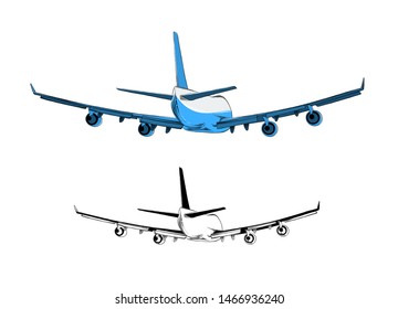 Vector drawing of airplane in blue color, isolated on white background. Drawing for posters, decoration and print. Vector illustration