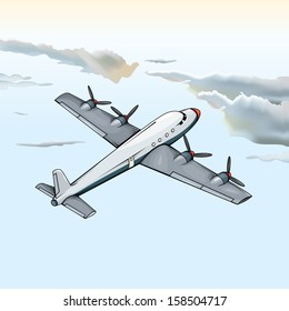 Vector drawing of a airplane flying in the sky/Airplane flying/ Easy to edit vector drawing of an airplane flying, no meshes or gradients used on airplane, meshes used on background sky and clouds.