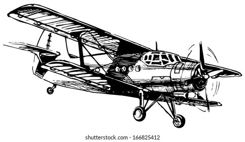 Vector drawing of airplane stylized as engraving