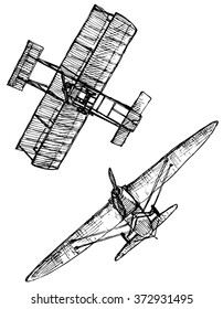 Vector drawing of airplane stylized as engraving