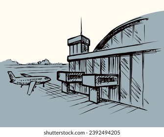Vector drawing. Airport and aircraft