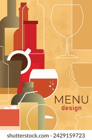 Vector drawing alcoholic drinks glasses bar menu design. Menu banner poster flyer cover template. Vector file design elements.