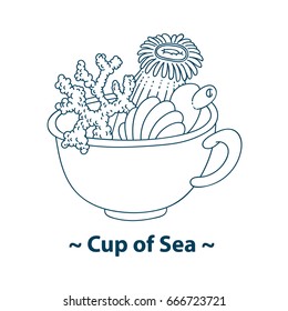 Vector drawing an allegory of the Summer Sea breakfast - a cup with sea plants corals anemones