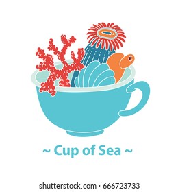 Vector drawing an allegory of the Summer Sea breakfast - a cup with sea plants corals anemones