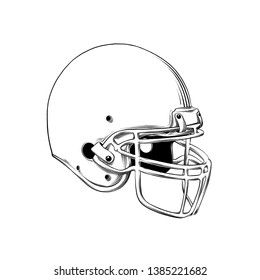 Vector drawing of american football helmet in black color, isolated on white background. Graphic illustration, hand drawing. Drawing for posters, decoration and print. Vector illustration