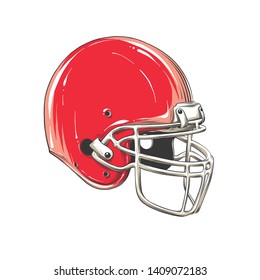 Vector Drawing Of American Football Helmet In Color, Isolated On White Background. Graphic Illustration, Hand Drawing. Drawing For Posters, Decoration And Print. Vector Illustration