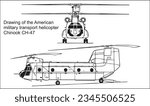 Vector drawing of the American military transport helicopter 
Chinook CH-47. General view. Front, side view. Cad scheme. 