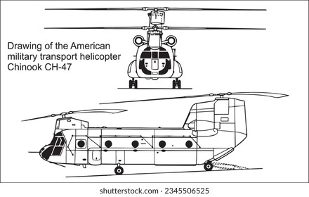 Vector drawing of the American military transport helicopter 
Chinook CH-47. General view. Front, side view. Cad scheme. 