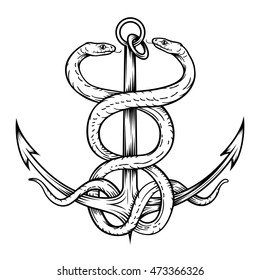 Vector drawing of an / Anchor and Snakes Line Art / Easy to edit and colourize objects.