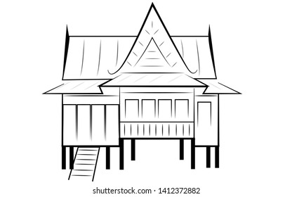 Vector drawing of ancient old house of Thailand