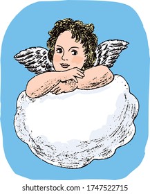Vector drawing of angel on cloud in sky