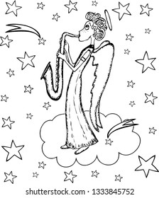 Vector drawing of an angel trumpeter on a cloud