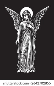Desenho vetorial de um anjo com asas e um halo em um estilo clássico. Anjo da guarda ou tema da morte, religião,. Serviços funerários. Memorial, monumento, tatuagem, design de camiseta. Nenhuma IA usada