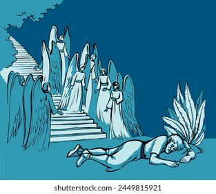 Vector drawing. Angels on the stairs leading to heaven