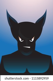 Vector drawing of angry faced, bat eared Superhero on blue background, Role model, protector, villain, hero concept illustration.