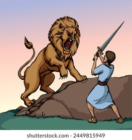 Vector drawing. An angry lion fight with man