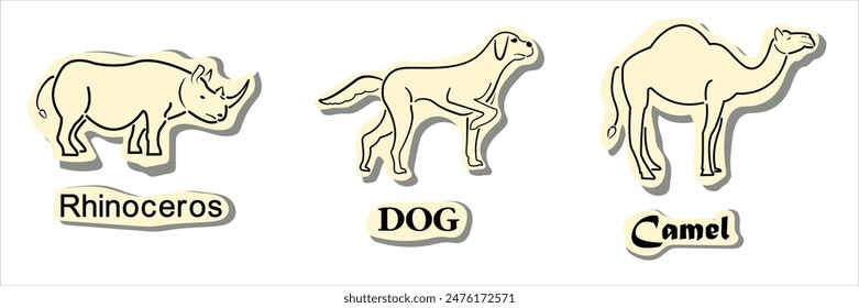 Vector drawing of animals: camel, dog, rhinoceros. A set of animal stickers.