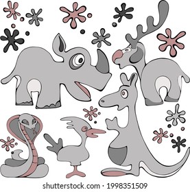 Vector drawing of animals on a white background.Drawing of a deer, a rhinoceros, a kangaroo, a cobra, a woodpecker.