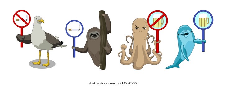 Vector drawing animals with prohibition and permission signs, seagull, dolphin, octopus, sloth. Illustrations for warning, print, notice, humor