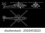 Vector drawing of an Apache military attack helicopter.  General view.
Top, side and front view. Cad scheme.