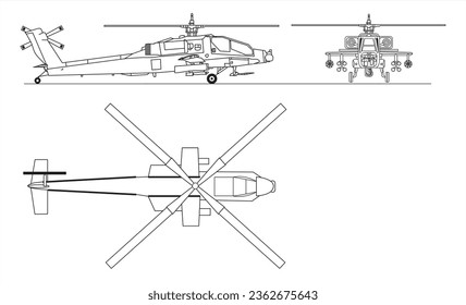 
Dibujo vectorial de un helicóptero de ataque militar Apache. 
Vista general.
Vista superior, lateral y frontal. Esquema de cad.