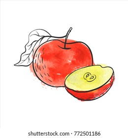 vector drawing apple with red watercolor background