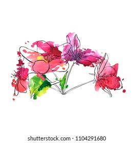 vector drawing apple tree blossoms and leaves and watercolor paint stains, hand drawn illustration