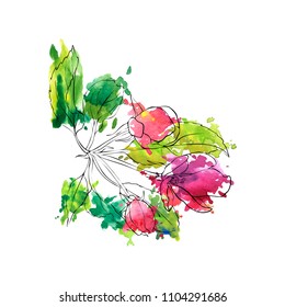 vector drawing apple tree blossoms and leaves and watercolor paint stains, hand drawn illustration