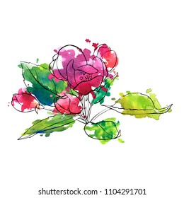 vector drawing apple tree blossoms and leaves and watercolor paint stains, hand drawn illustration