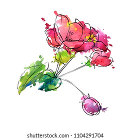 vector drawing apple tree blossoms and leaves and watercolor paint stains, hand drawn illustration