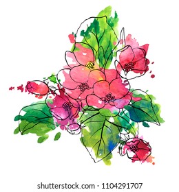 vector drawing apple tree blossoms and leaves and watercolor paint stains, hand drawn illustration
