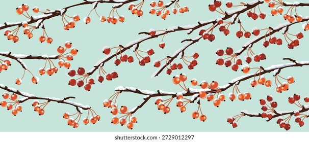 vector drawing apple tree branches with red fruits and snow in winter, natural background, hand drawn illustration