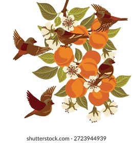 vetor desenho ramo de damasco com folhas, flores e frutos e pássaros voadores, isolado no fundo branco, desenhado à mão ilustração