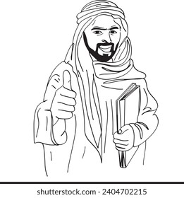 Dibujo vectorial de un empresario árabe que maneja archivos de oficina, dibujo de caricatura de un joven empresario musulmán que sostiene documentos