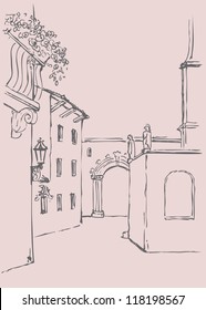 Vector drawing architectural landscape. Thoroughfare of the old monastery