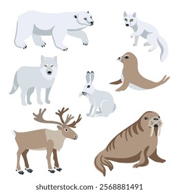 vector drawing arctic animals isolated at white background, hand drawn illustration