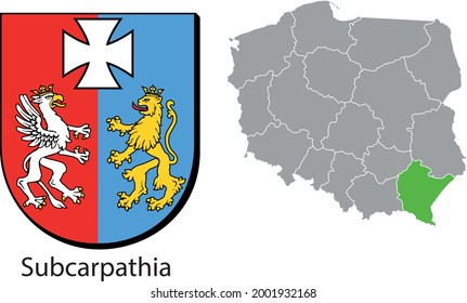 Vector drawing of the area emblem and location on the country map. Map of Poland with the contour of the region. Perfect quality, perfect for printing in newspapers, flyers, roll-ups, banners and more