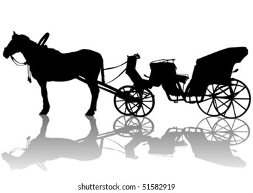 Vector drawing arriage and horses. Silhouette on white background