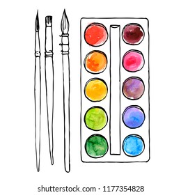 vector drawing art palette with color paints and paintbrushes, hand drawn illustration